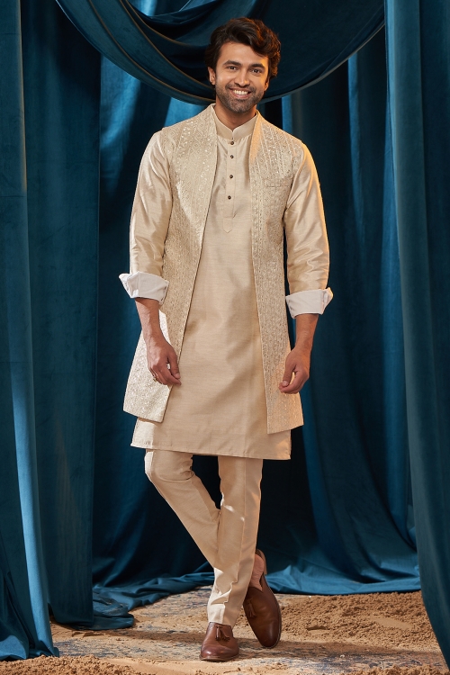 Ivory Cream Jacket Kurta Set in Silk with Sequin Embroidery