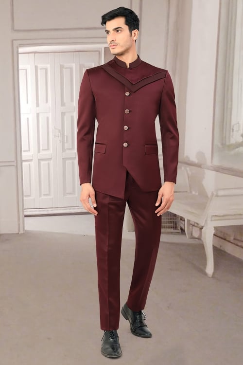 Maroon Jodhpuri Suit in Rayon Satin