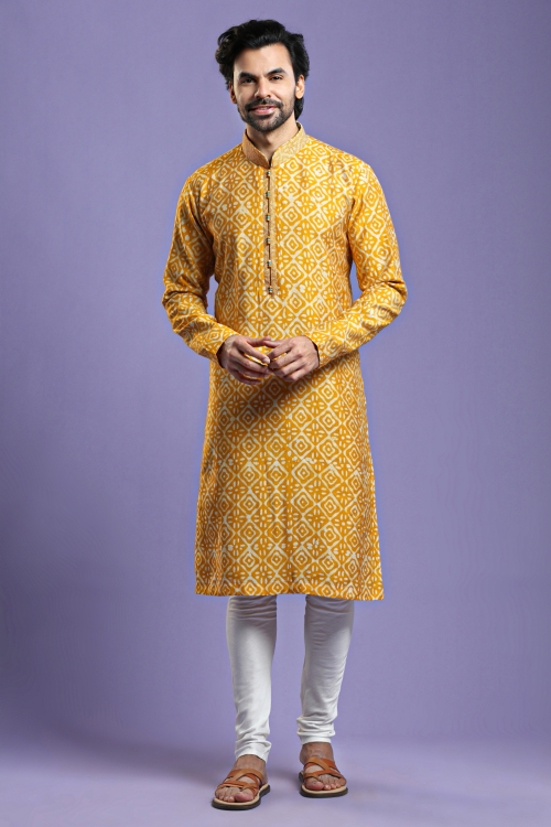 Mustard Yellow Printed Kurta Pajama in Cotton