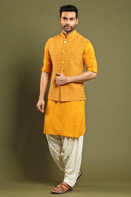 Orange Art Silk Pathani Bandi Set