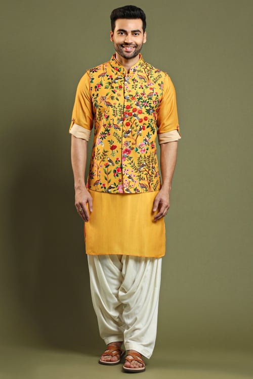 Yellow Art Silk Pathani Bandi Set with Floral Print