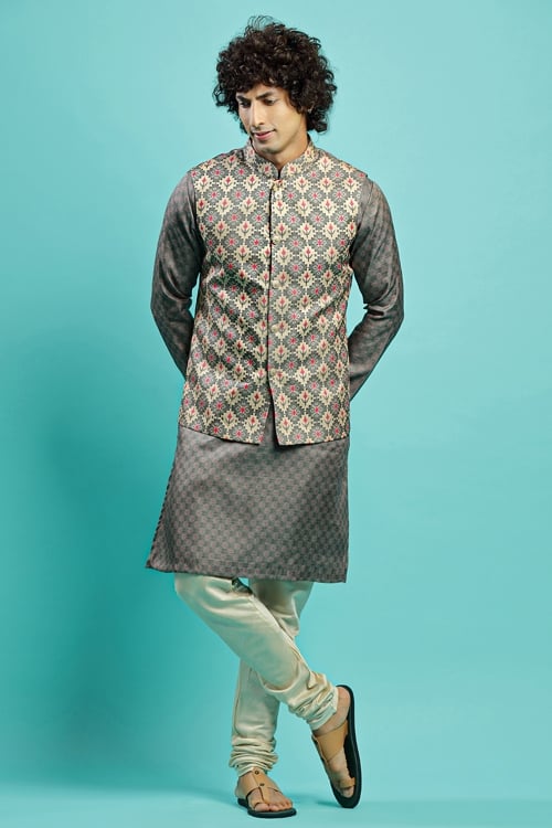 Kurta Pajama in Silk with Patola Print Jacket