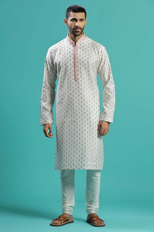 Off White Silk Floral Printed Kurta Pajama