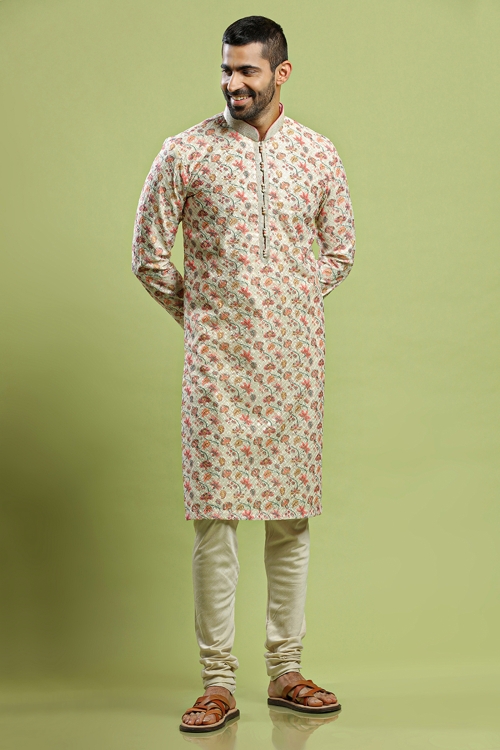 Cream Silk Floral Printed Kurta Pajama