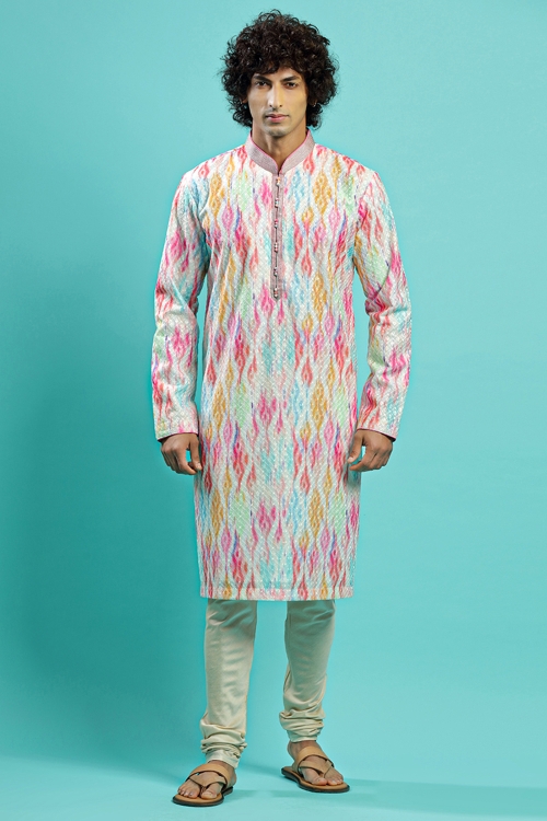 Multi Colored Printed Kurta Pajama in Art Silk