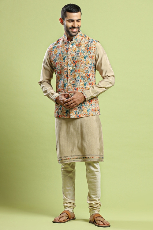 Beige Cotton Kurta Pajama with Printed Jacket