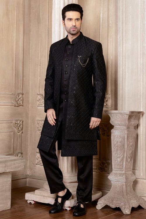 Black Silk Indo Western Set with Sequin Embroidery