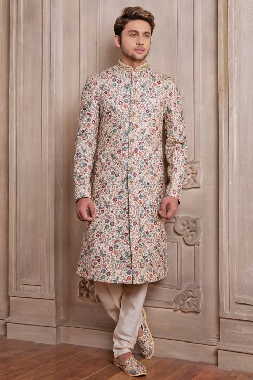Off White Silk Sherwani with Floral Embroidery and Mirror Work