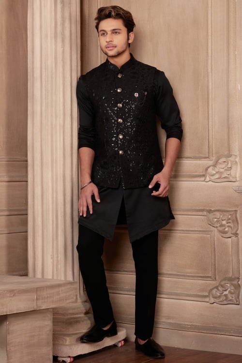 Black Silk Kurta Set with Floral Embroidery and Sequin Jacket