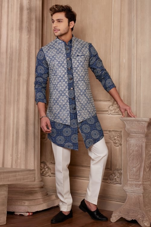 Blue Silk Bandhej Printed Kurta with Embroidery Jacket