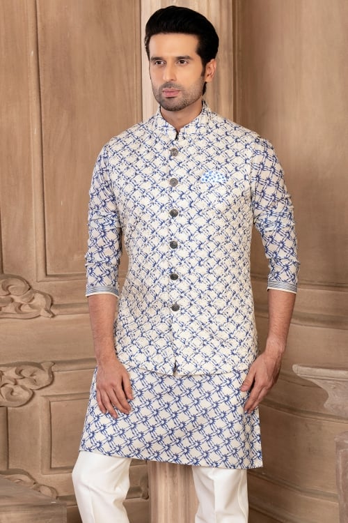Off White and Blue Silk Printed Kurta Pajama with Jacket