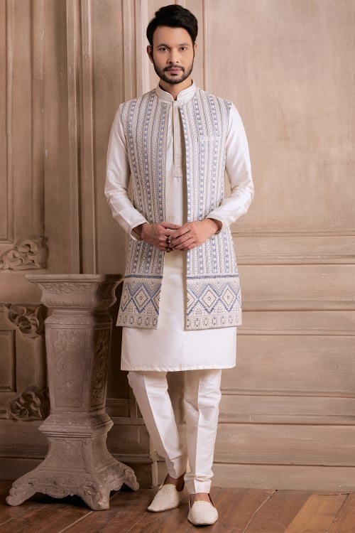 Off White Silk Lucknowi Worked Jacket Kurta Set