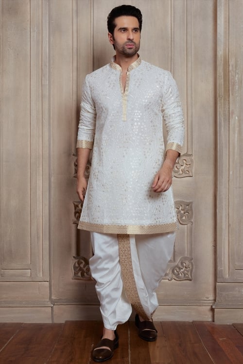 Pearl White Georgette Sequin Embroidery Kurta with Dhoti