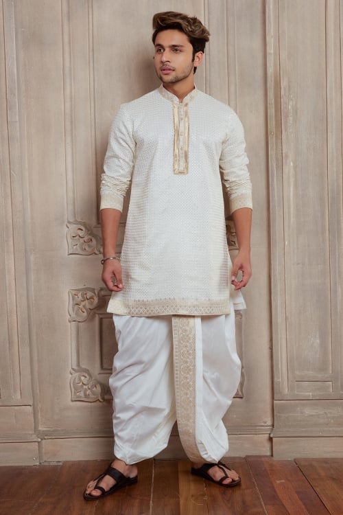 Pearl White Georgette Sequinned Kurta with Dhoti