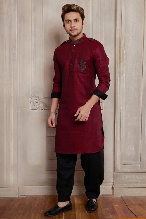Maroon Linen Pathani Suit with Embroidery