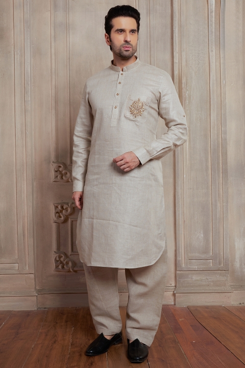 Beige Linen Pathani Suit with Embroidery
