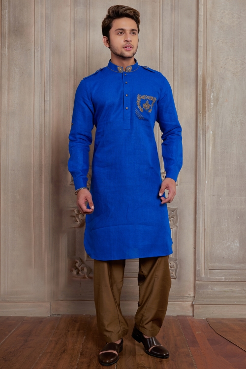Blue Linen Pathani Suit with Embroidery