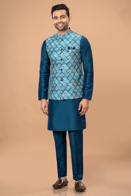 Blue Kurta Pajama in Silk with Printed Jacket