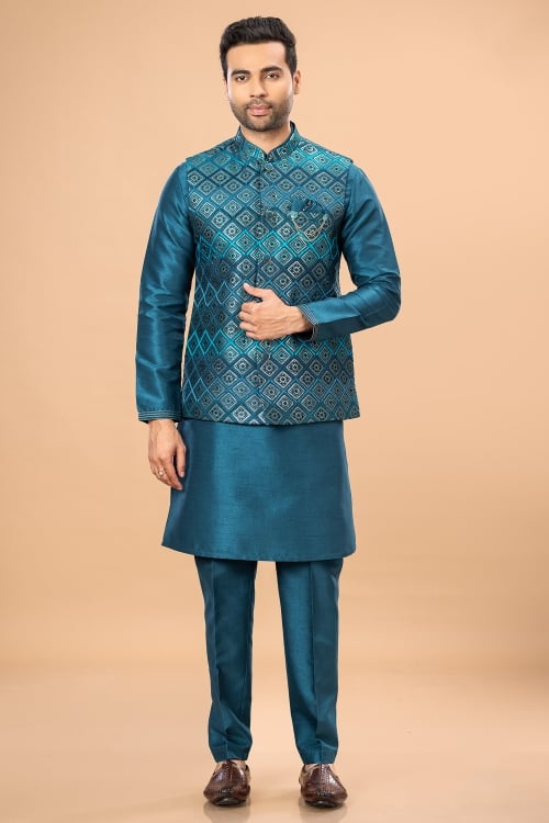 Teal Blue Kurta Pajama in Silk with Checks Embroidered Jacket