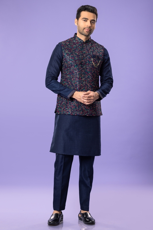 Navy Blue Kurta Pajama in Silk with Multi Colored Embroidered Jacket