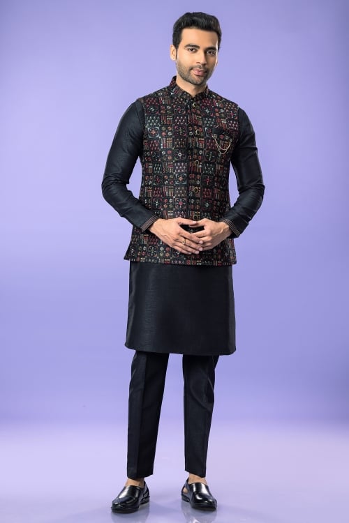 Black Kurta Pajama in Silk with Checks Embroidery Jacket