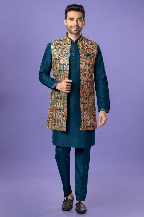 Rama Green Kurta Pajama in Silk with Multi Colored Embroidery Applique Work Jacket