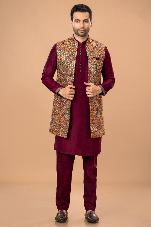 Maroon Silk Kurta Pajama with Embroidery Applique Work Jacket