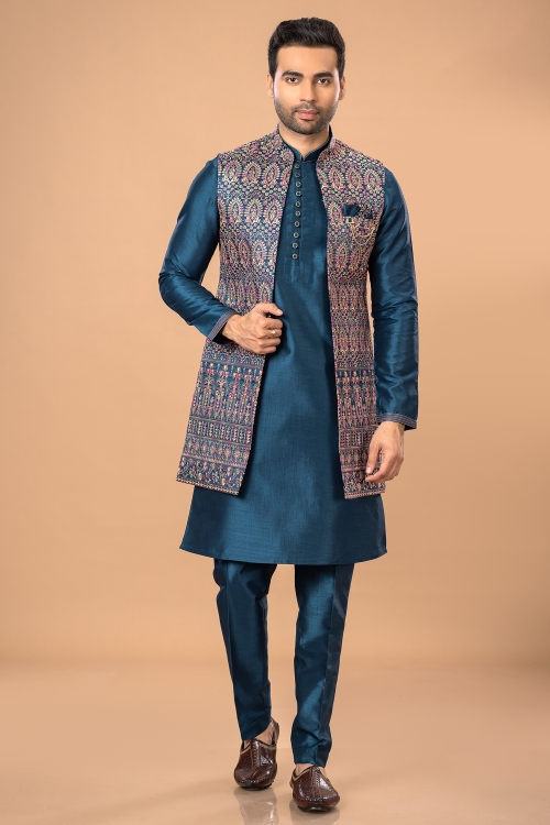 Rama Blue Kurta Pajama in Silk with Contrast Embroidery Work Jacket