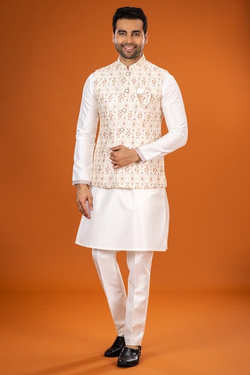 Cream Bandi Jacket Set in Silk with Embroidery
