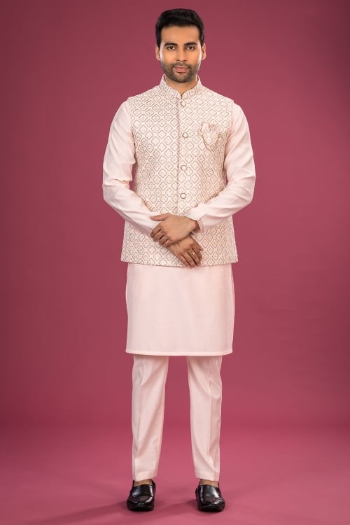 Pastel Pink Embroidered Jacket with Kurta Set in Silk