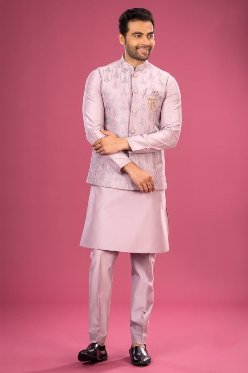 Onion Pink Bandi Jacket Set in Silk with Embroidery