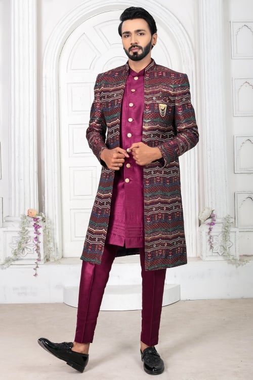 Wine Purple Silk Indo Western with Embroidery Sequin Jacket