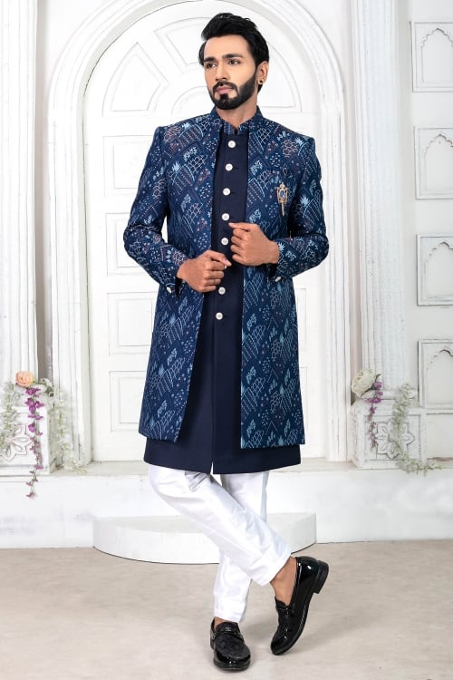 Navy Blue Silk Indo Western Set with Embroidered Jacket