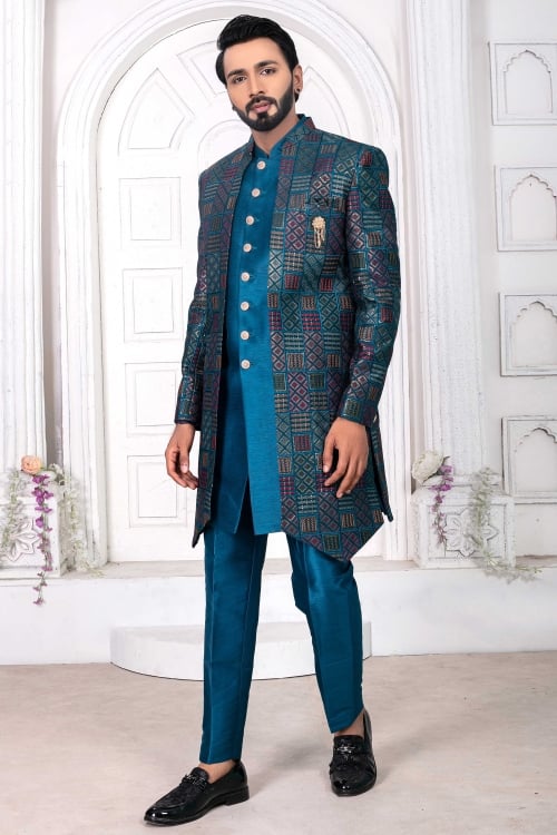 Peacock Blue Silk Indo Western Set with Sequin Jacket