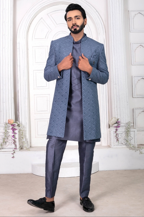 Grey Silk Indo Western Set with Embroidery Sequin