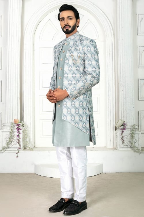 Sea Green Silk Indo Western Suit with Floral Print Attached Jacket