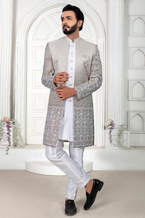 Pearl White Silk Indo Western Set with Embroidery Sequin Attached Jacket