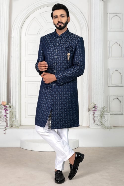 Navy Blue Jacquard Indo Western Suit