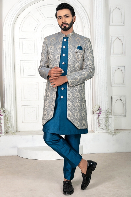 Teal Blue Jacquard Indo Western Set with Weave Attached Jacket