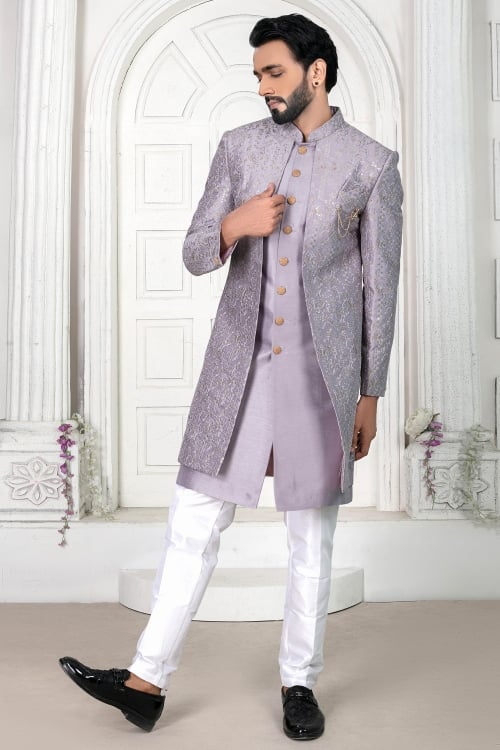 Pale Lavender Purple Silk Indo Western Set with Attached Embroidery Sequin Jacket