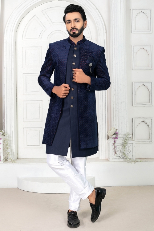 Navy Blue Velvet Indo Western Set with Sequin Attached Jacket