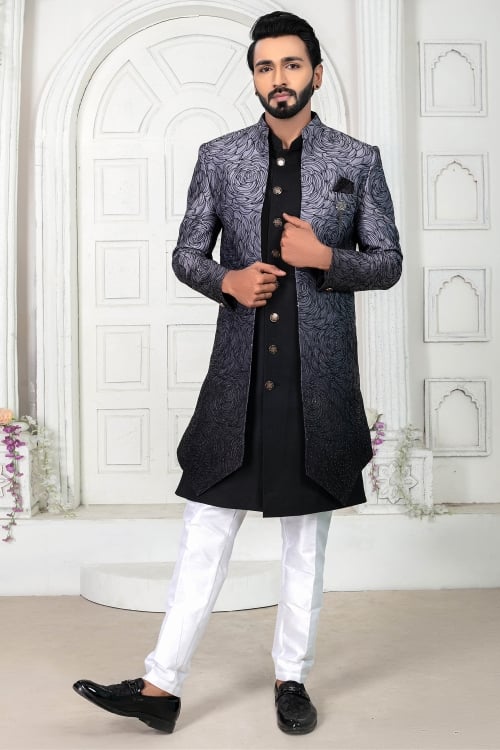Black Silk Indo Western Set with Embroidery Jacket