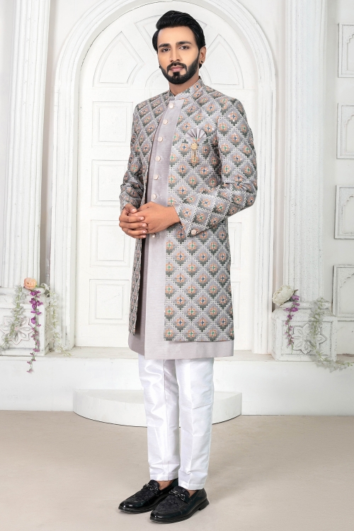 Gray Silk Indo Western Set with Attached Sequin Jacket