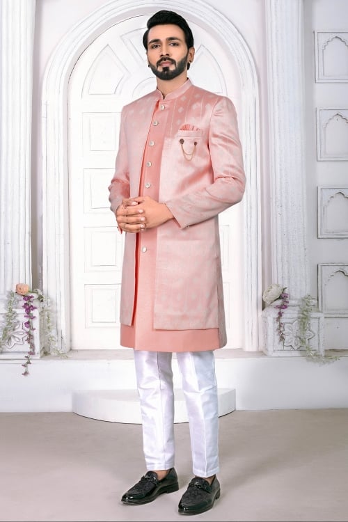 Peach Jacquard Indo Western Set with Attached Jacket