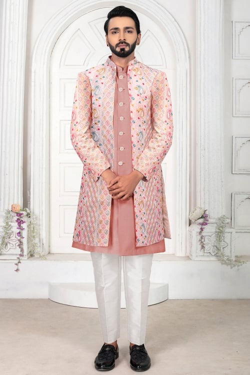 Peach Silk Indo Western Set with Paisley and Floral Embroidery Sequin Jacket