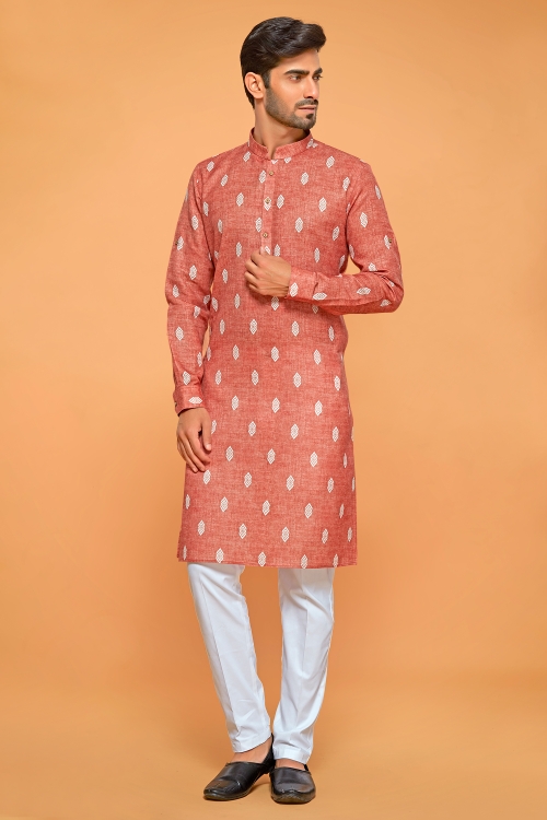 Printed Kurta Pajama in Linen Cotton