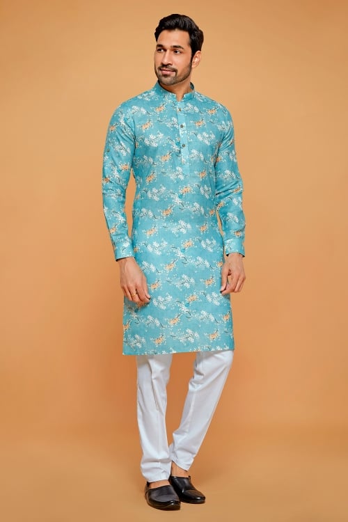 Floral Printed Kurta Pajama in Linen Cotton