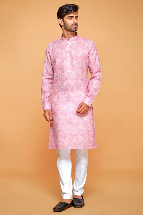 Light Pink Paisley Printed Kurta Pajama in Linen Cotton
