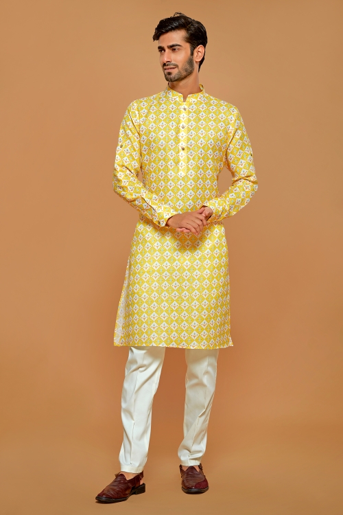 Yellow Linen Cotton Checks Printed Kurta Pajama