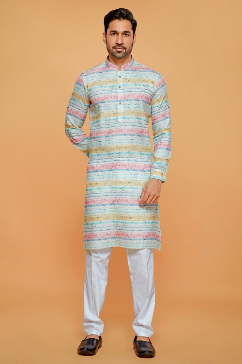 Multi Colored Linen Cotton Printed Kurta Pajama